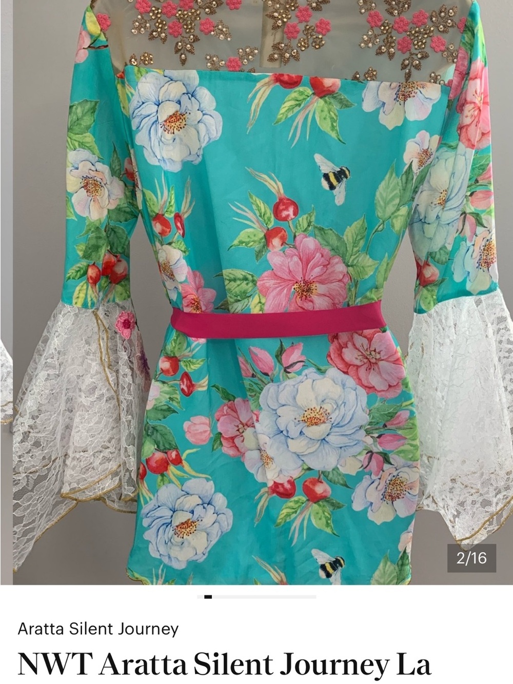 Aratta Floral Turquoise & Pink Lace-Trim Button Front Top - Picture 3 of 3